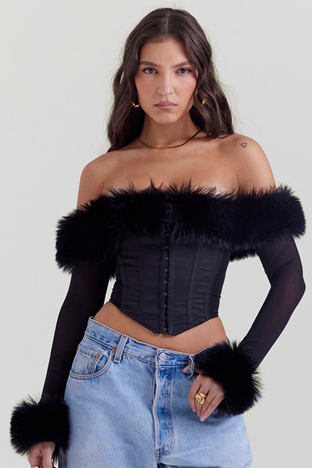 Merle, Black Faux Fur Trim Corset