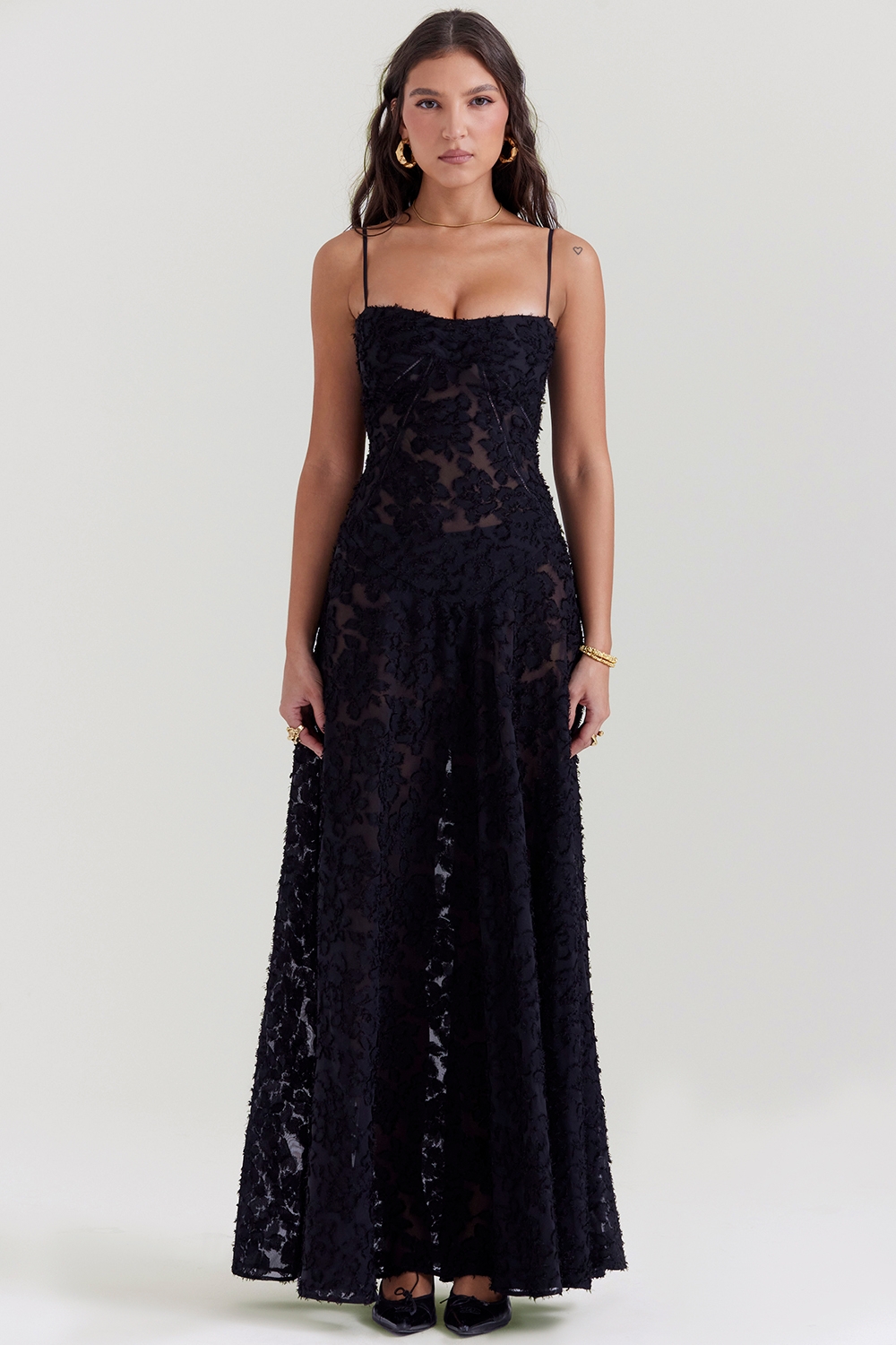 Seren, Black Floral Lace Back Maxi Dress