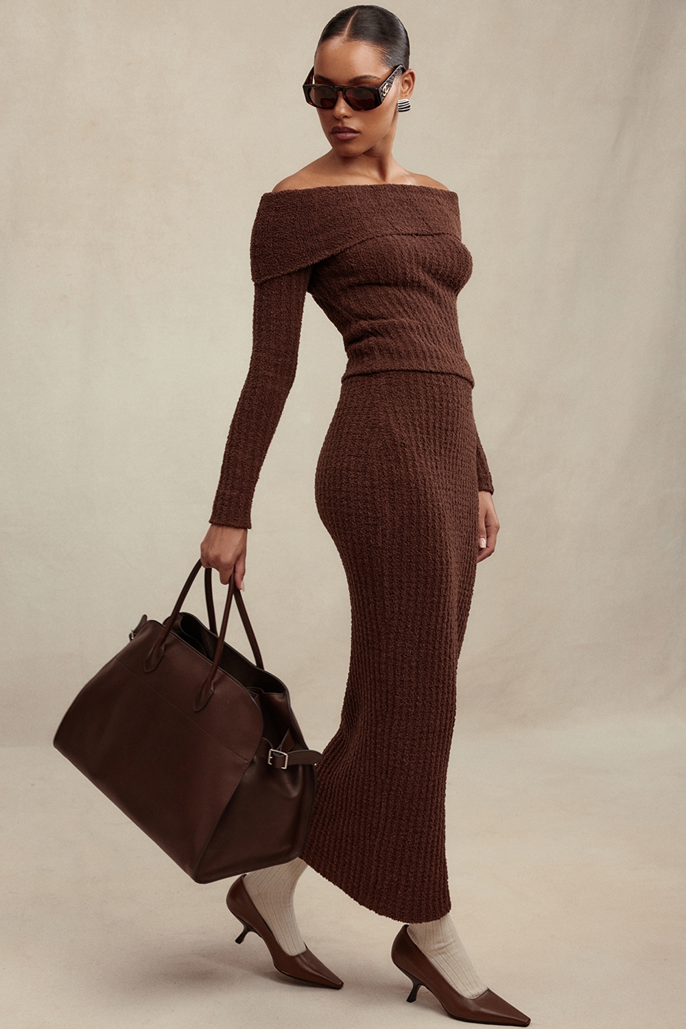 Sloane, Chocolate Soft Cotton Boucle Maxi Skirt - SALE