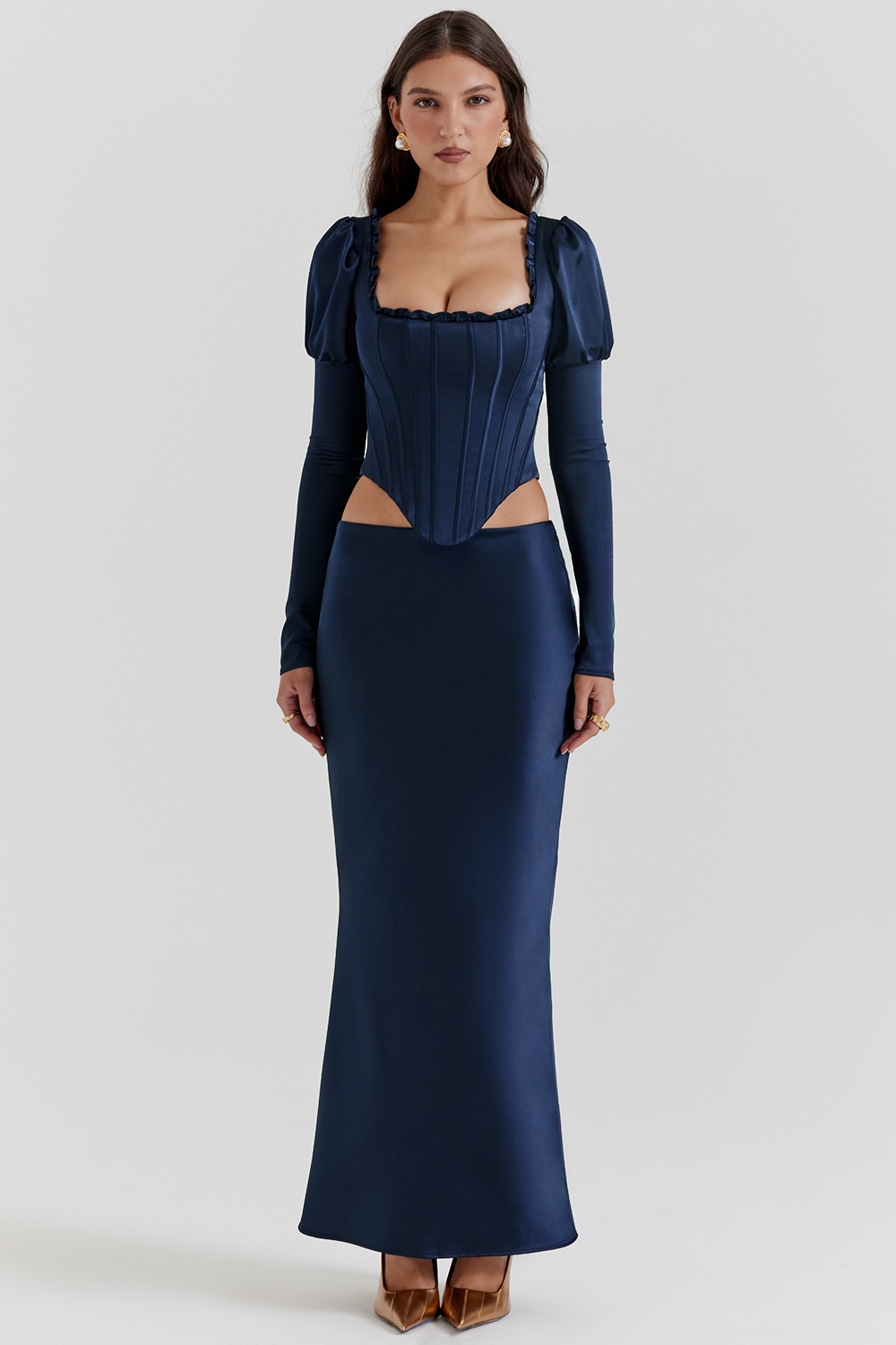 Charlene, Navy Satin Bias Cut Maxi Skirt