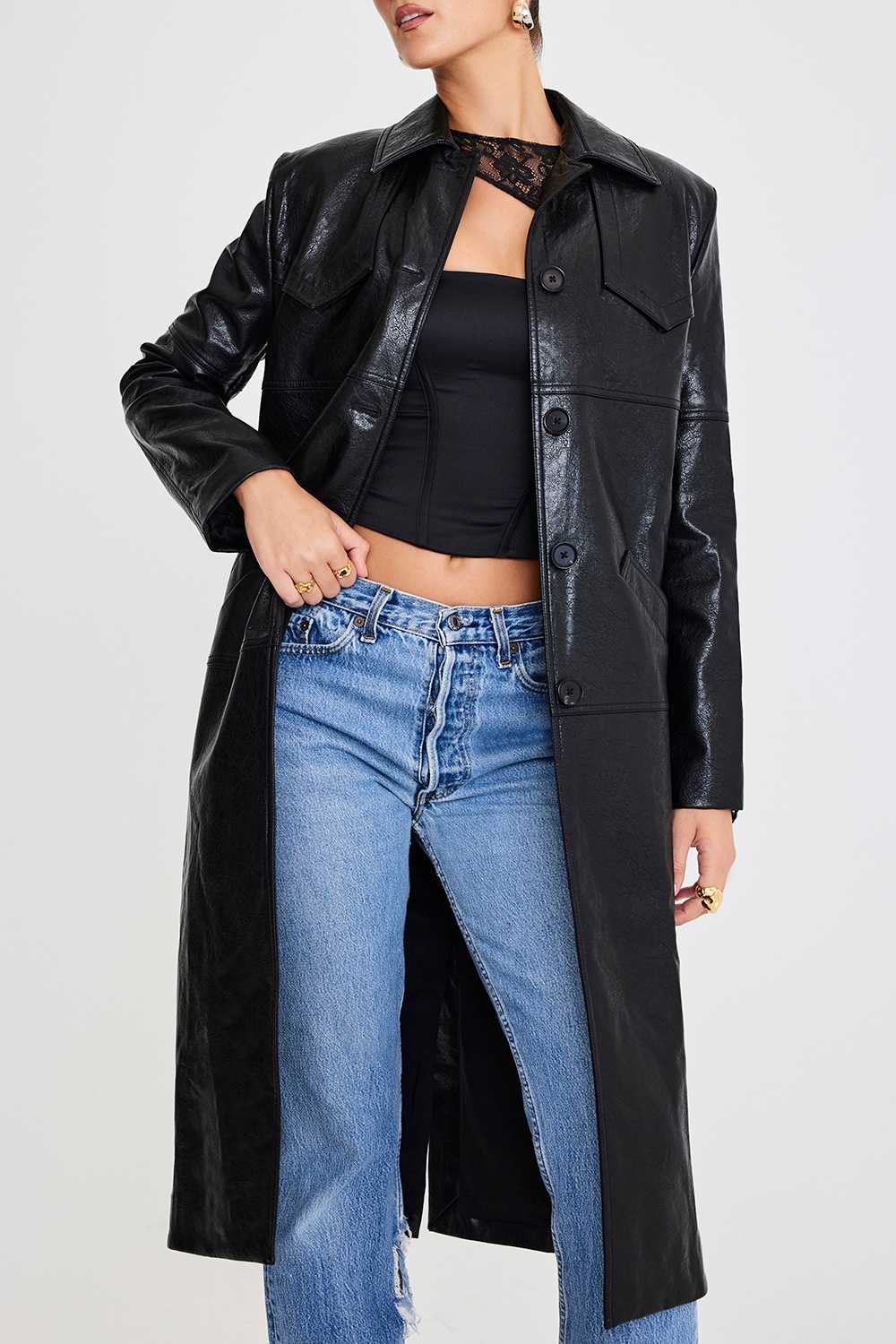 ,Mistress Rocks Black Tailored Vegan Leather Coat