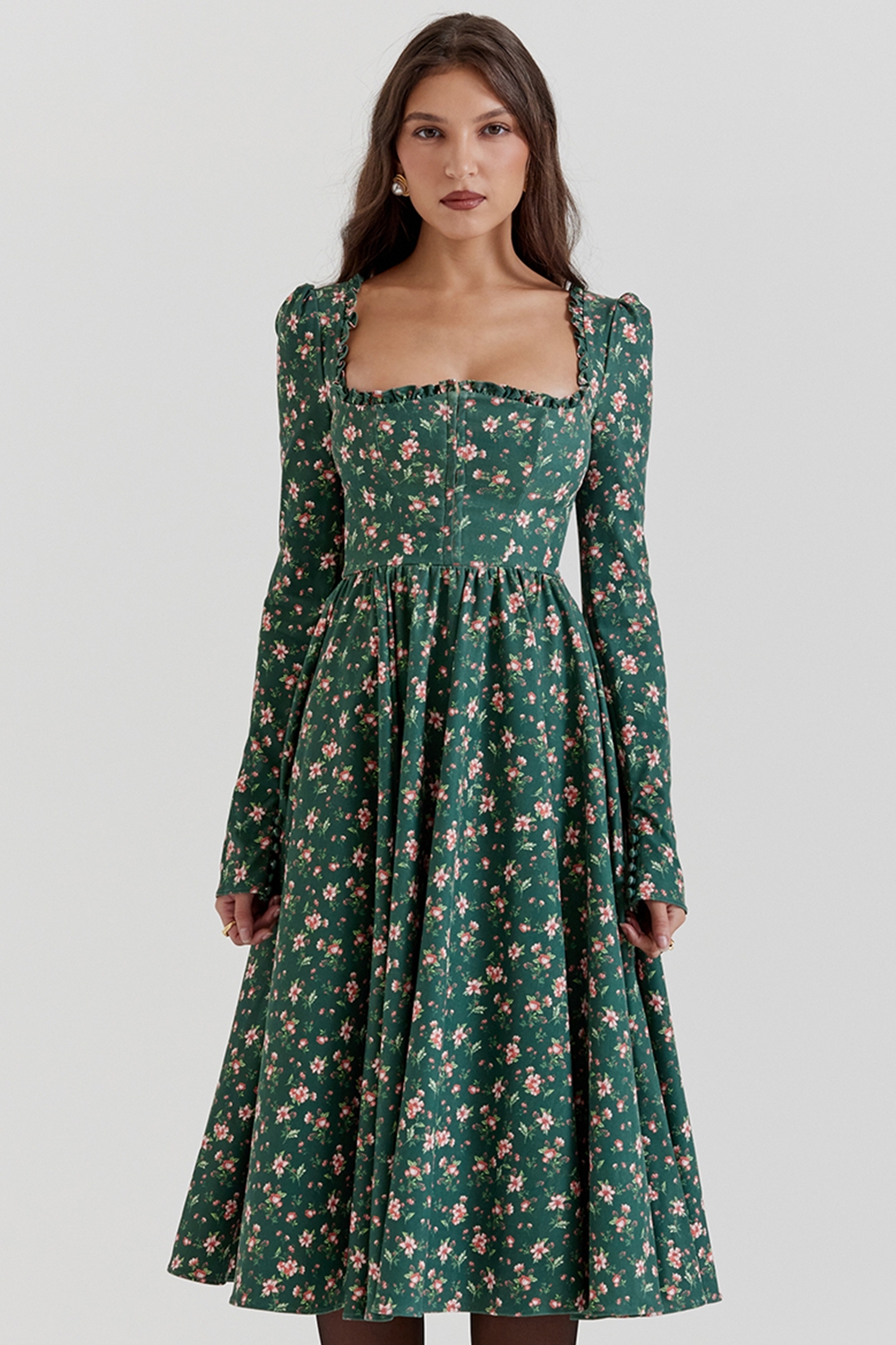 Delia, Green Floral Print Midi Dress