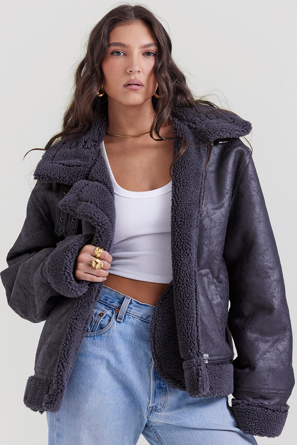 Madden, Grey Vegan Shearling Aviator Jacket - SALE