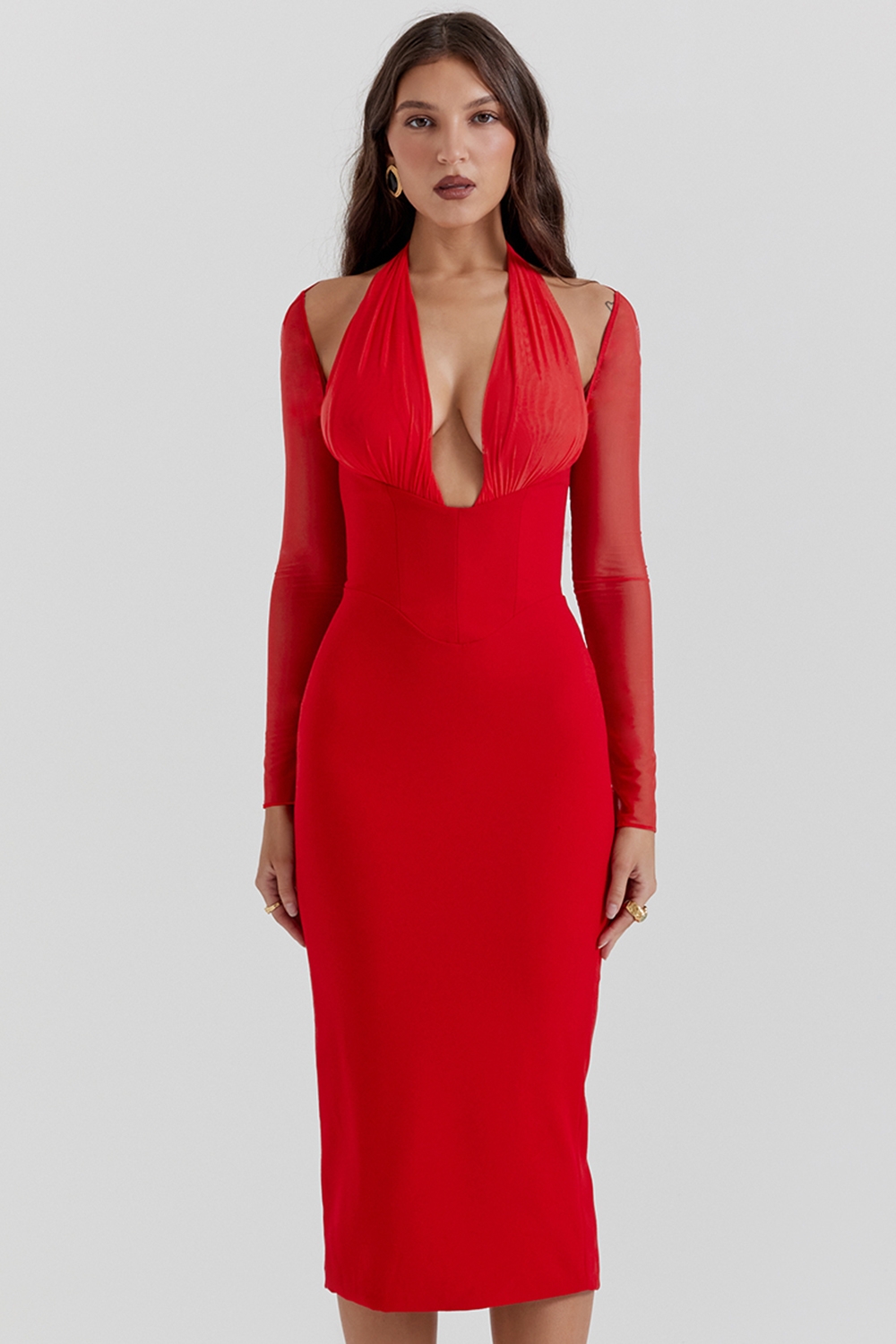 Yasmin, Scarlet Plunge Midi Dress