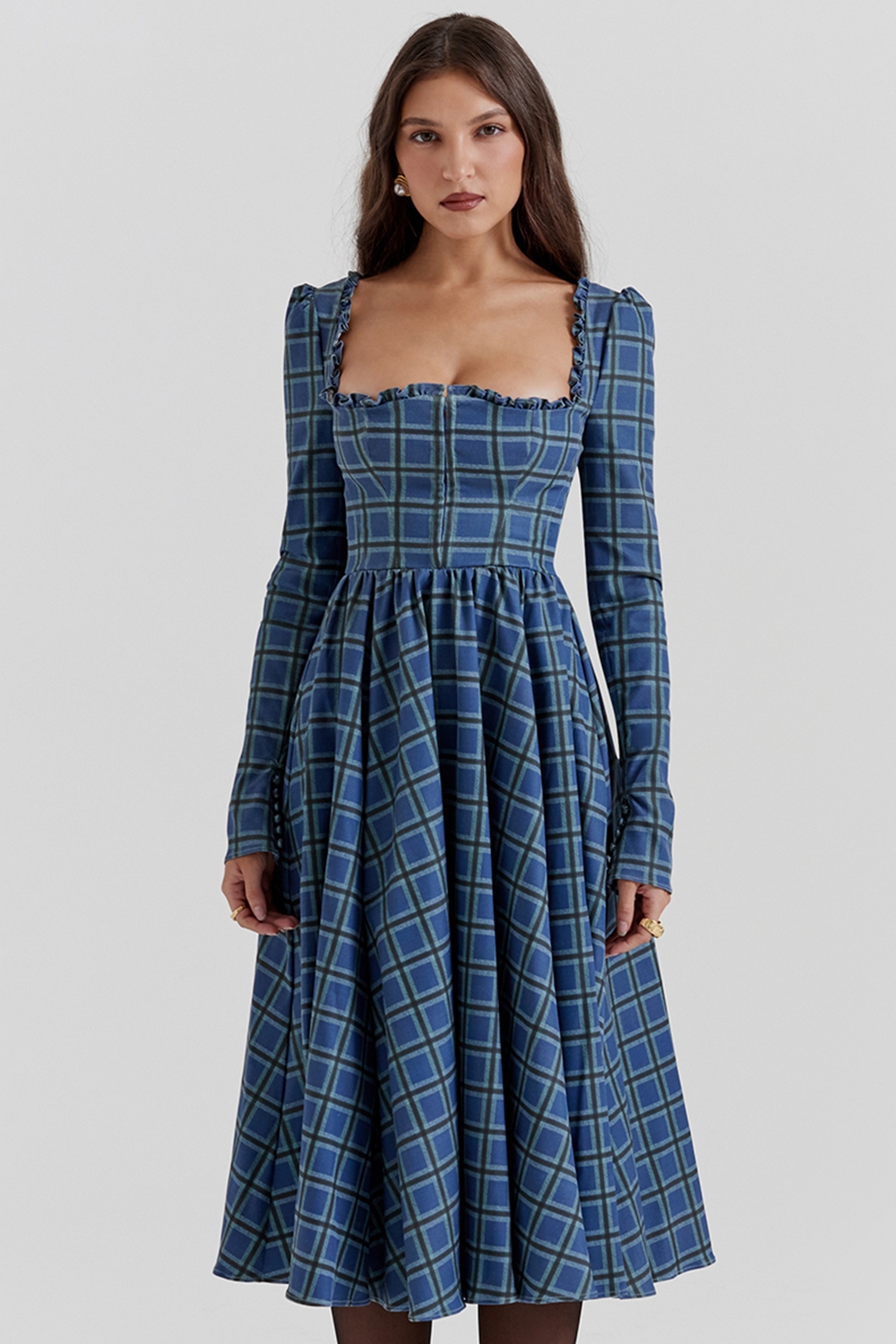 Delia, Blue Tartan Midi Dress