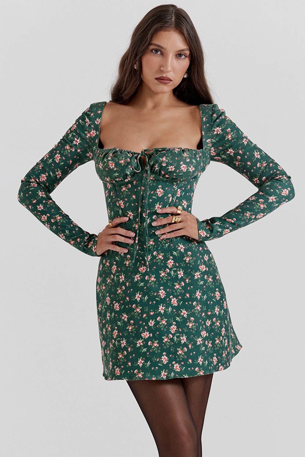 Malika, Green Floral Corset Mini Dress