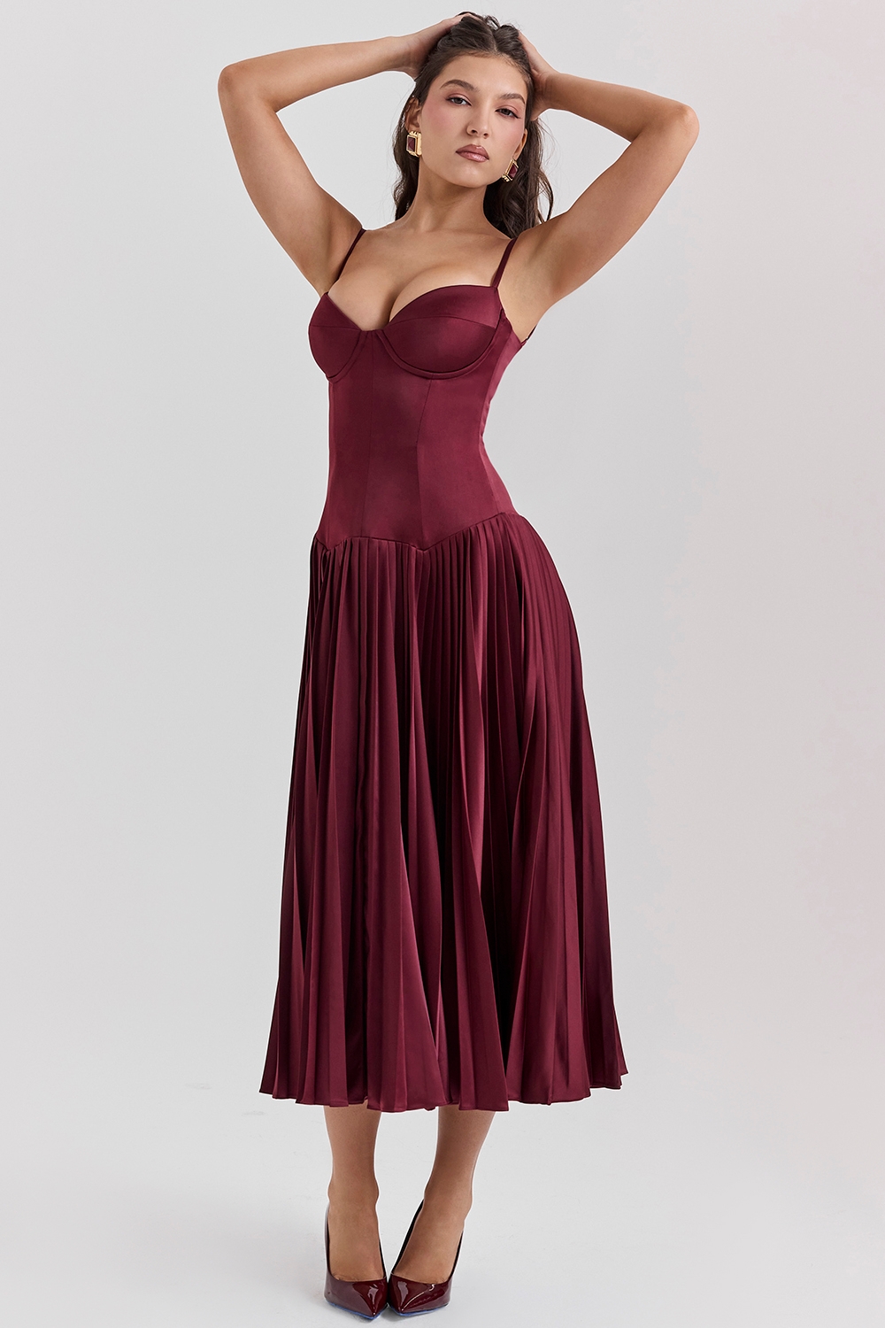 Beau, Wine Pleated Midi Dress