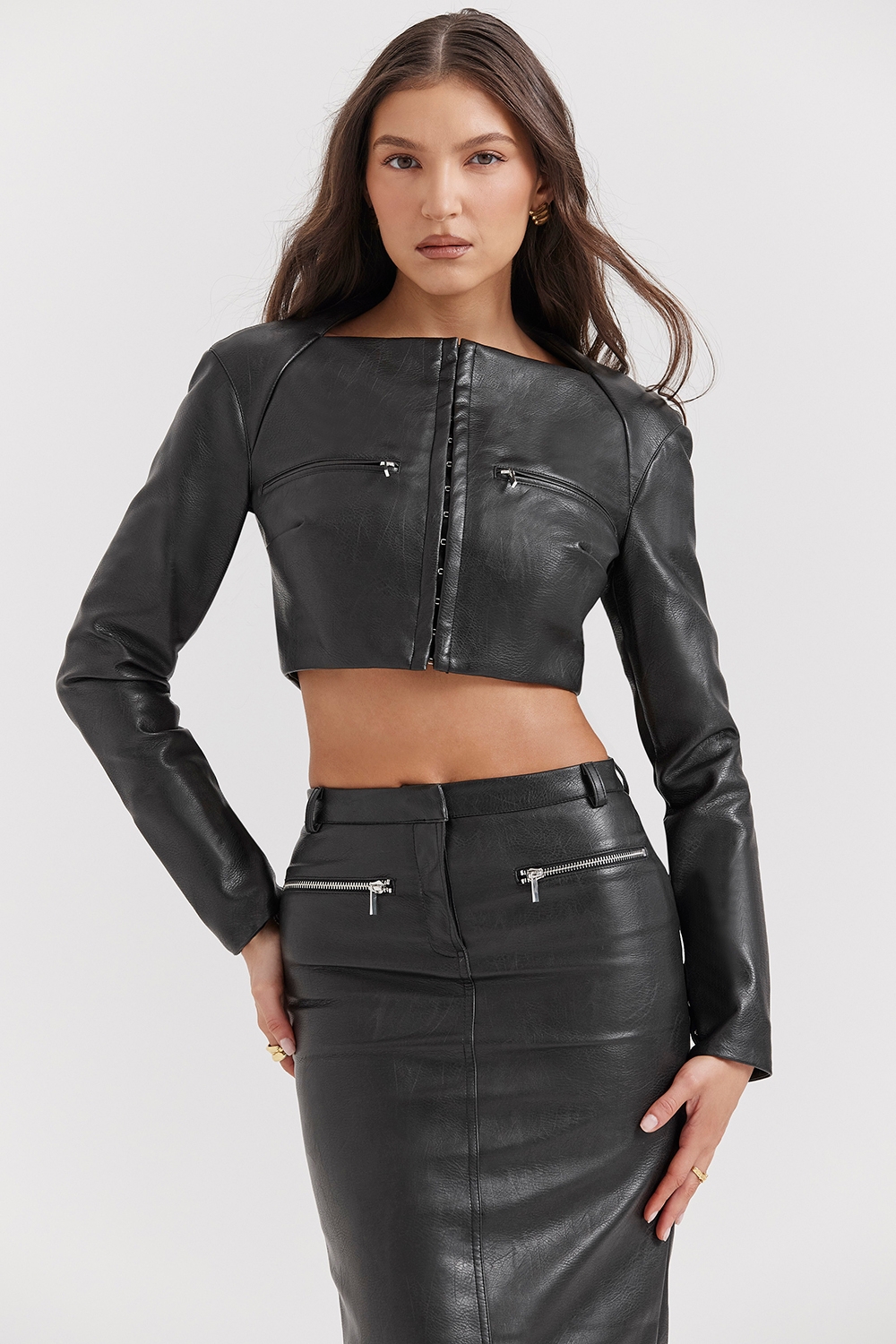 Ione, Black Vegan Leather Cropped Top