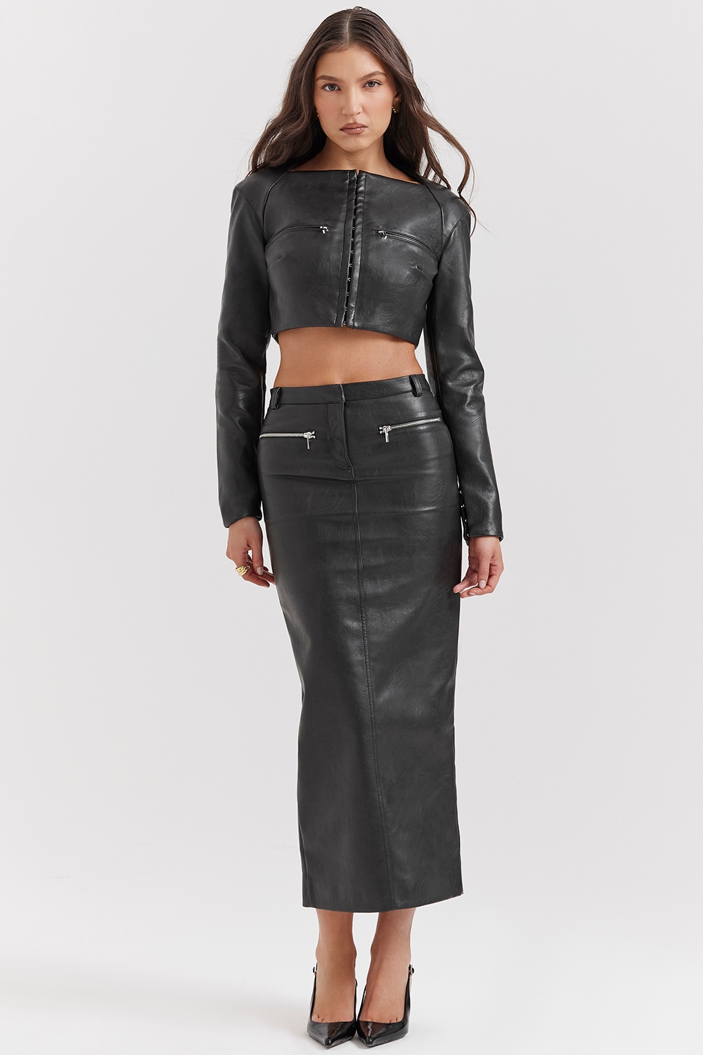 Tana, Black Vegan Leather Maxi Skirt