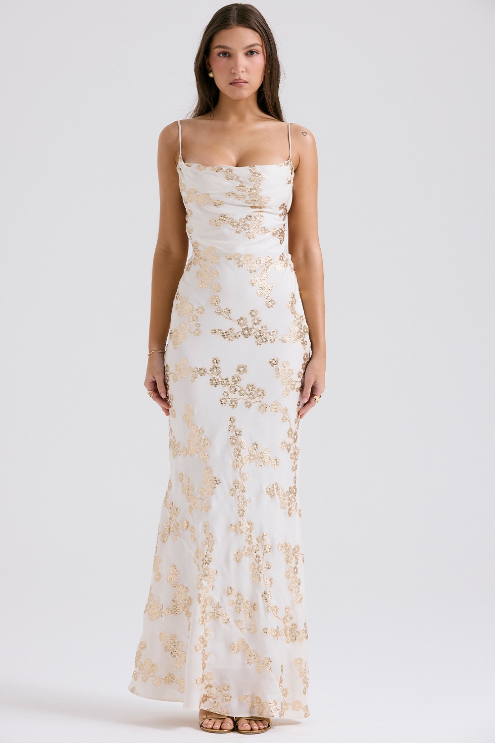 Capriana, White & Gold Jacquard Satin Gown