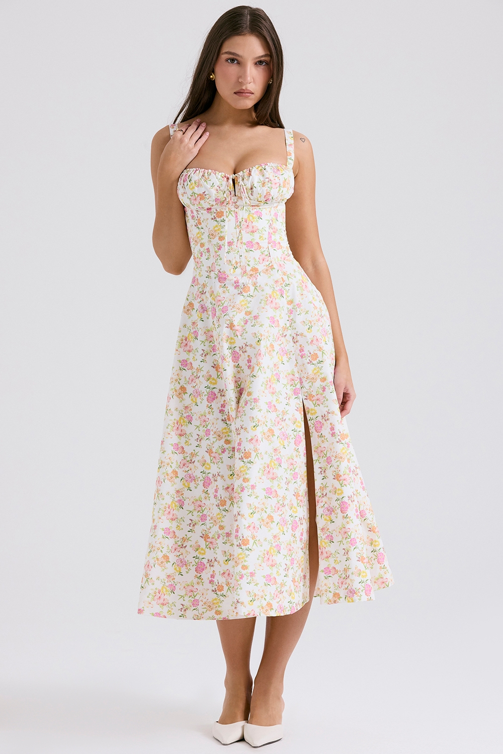 Carmen, Ivory Meadow Print Cotton Bustier Sundress