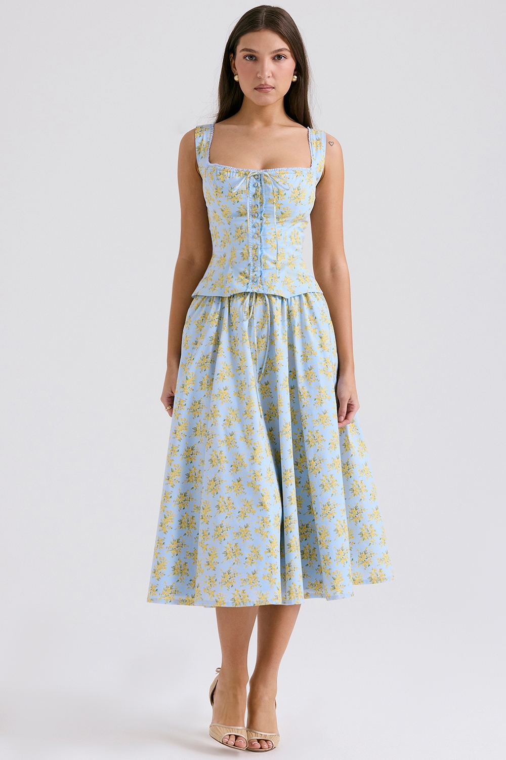 Cora, Soft Blue Vintage Floral Print Cotton Midi Skirt - SALE