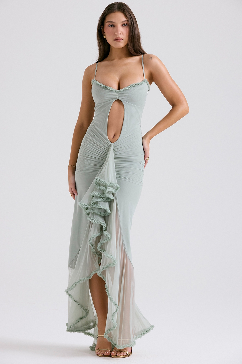 Gabriella, Pistachio Ruffled Front Gown