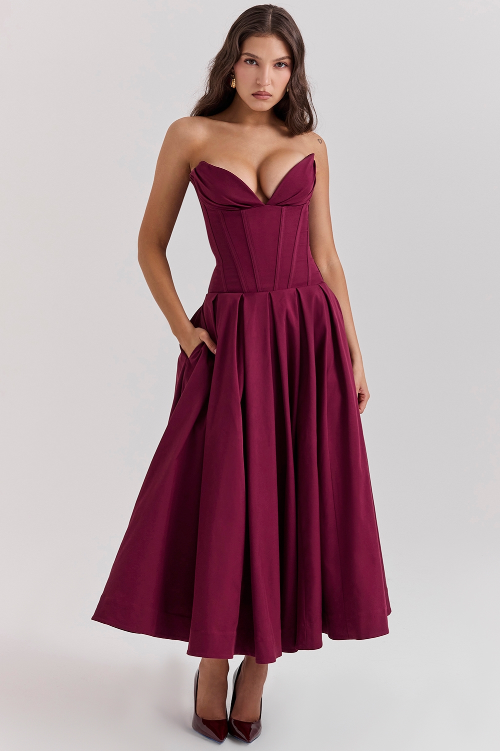 Lady, Wine Strapless Midi Dress