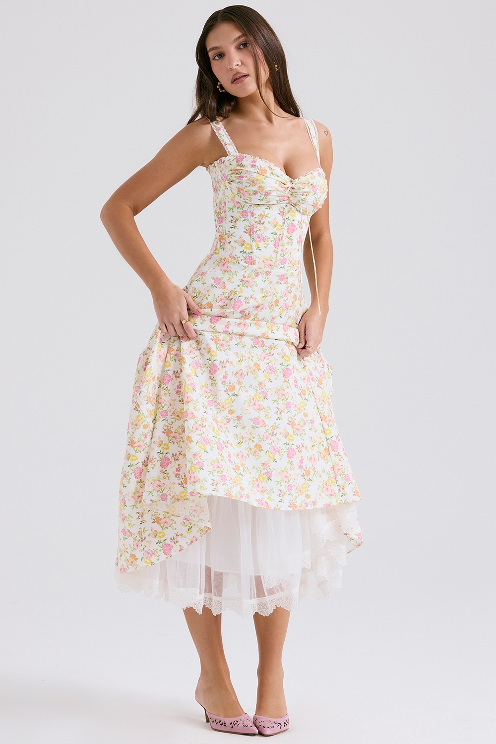 Rosalee, Ivory Meadow Print Cotton Bustier Sundress