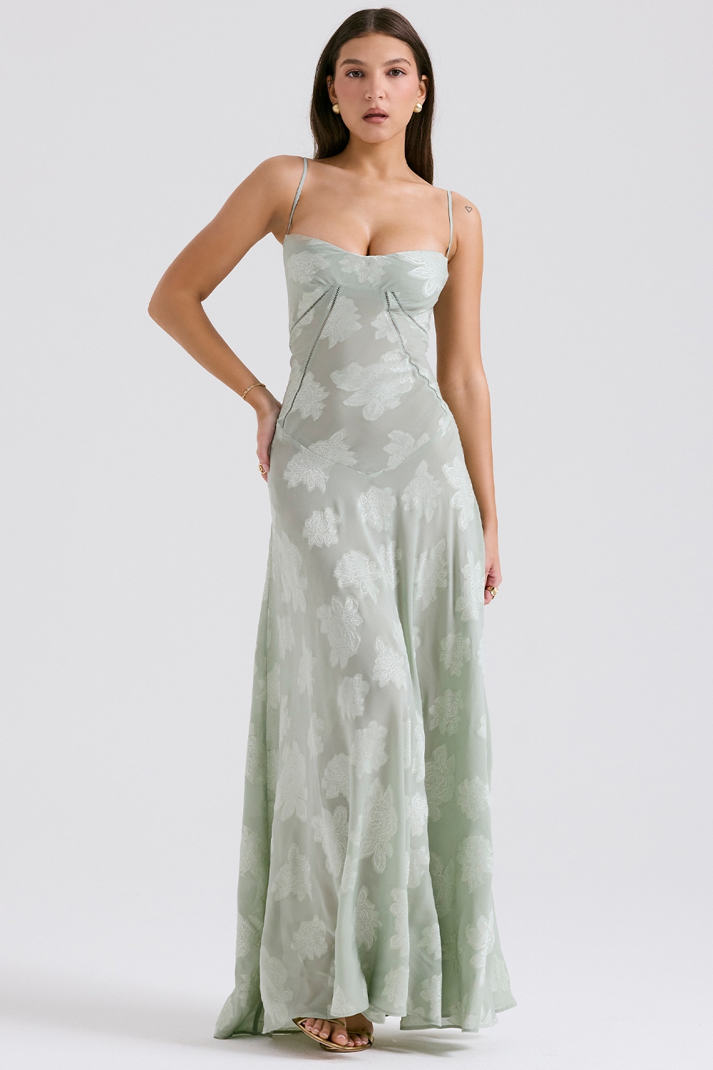 Seren, Pistachio Floral Lace Back Maxi Dress