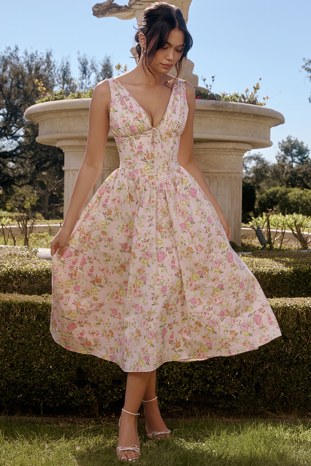 Emmelina, Pink Meadow Print Cotton Corset Sundress