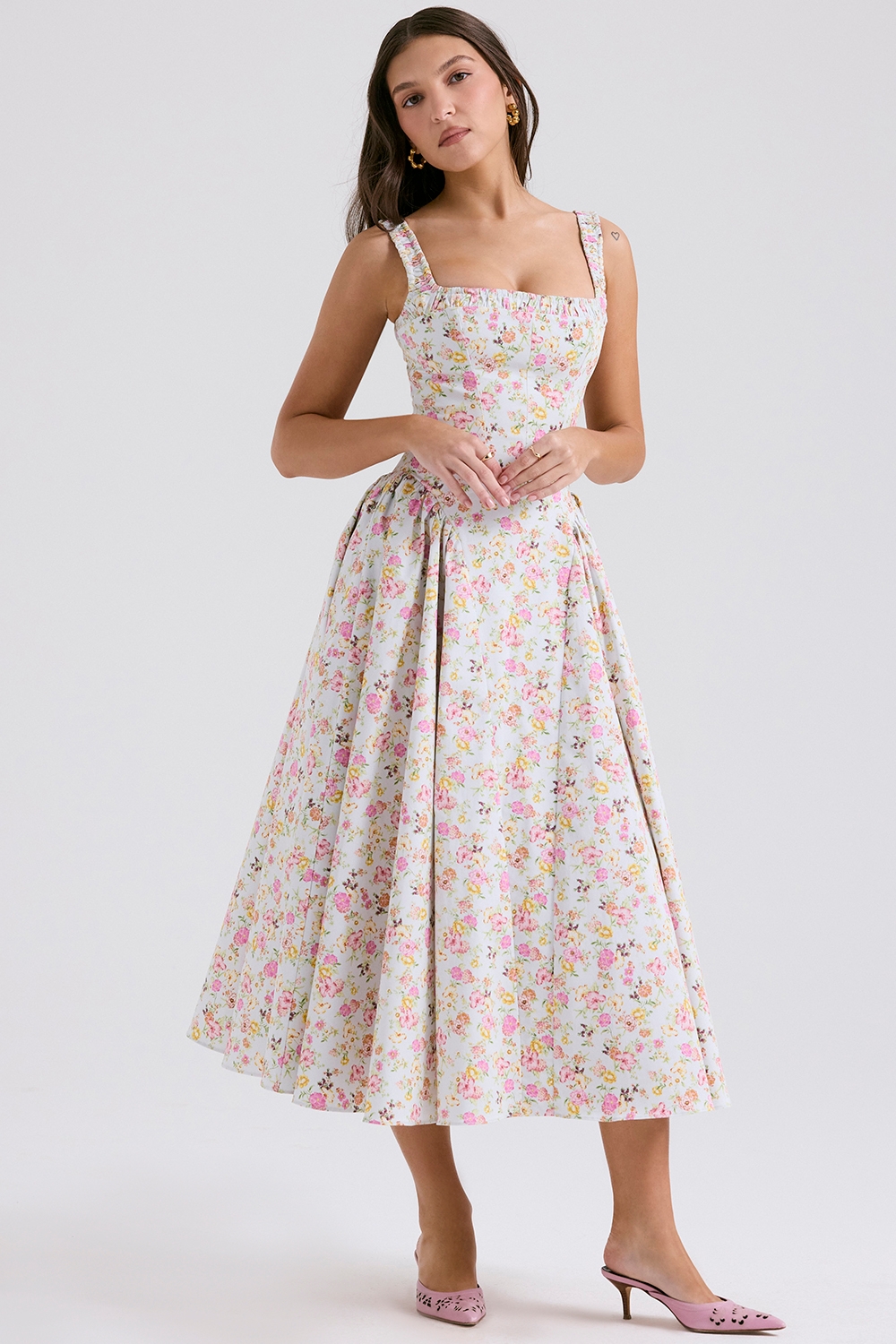 Dorothy, Pale Blue Meadow Print Cotton Midi Sundress