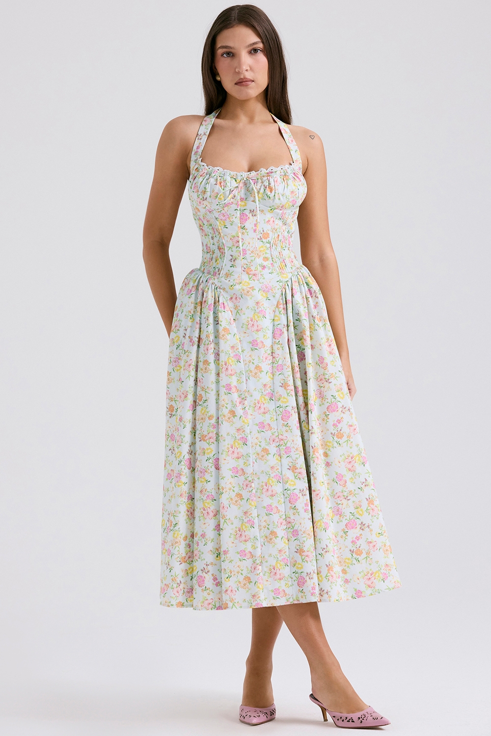 Adabella, Pale Blue Meadow Print Cotton Halter Sundress