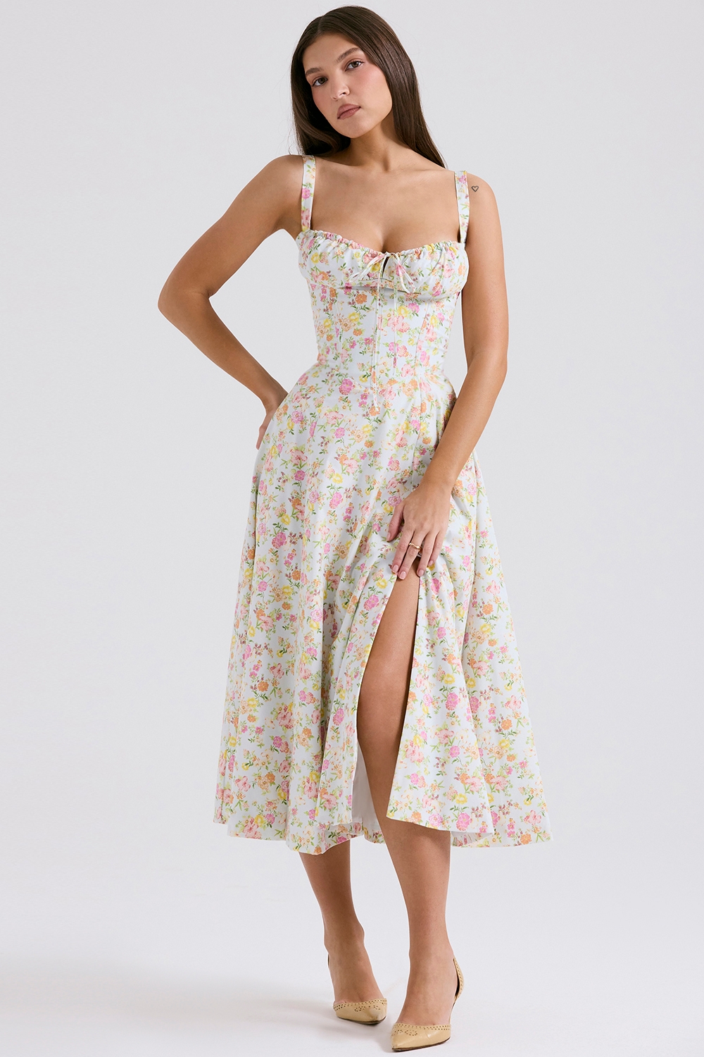 Carmen, Pale Blue Meadow Print Cotton Bustier Sundress