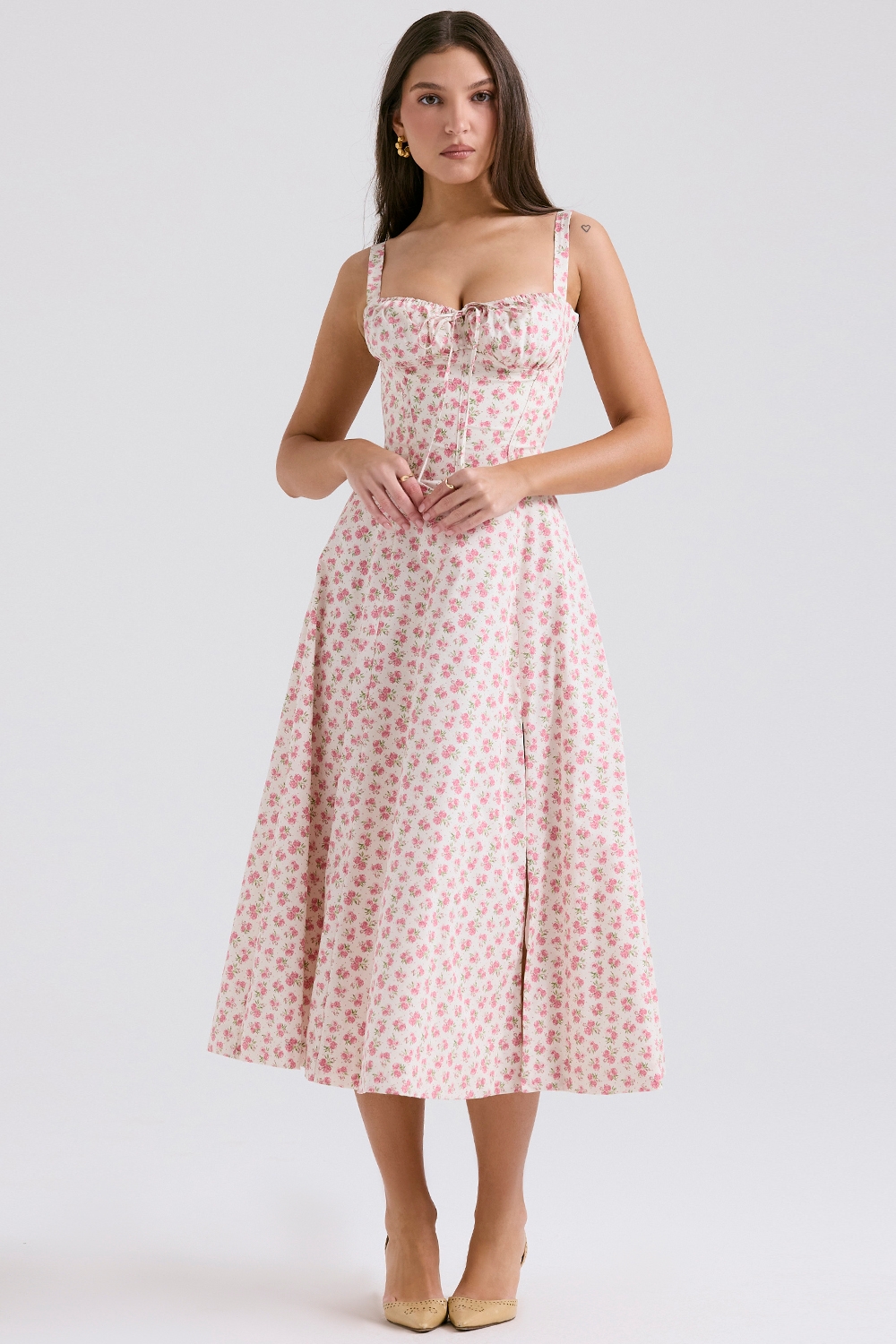 Carmen, White Rosebud Print Cotton Bustier Sundress