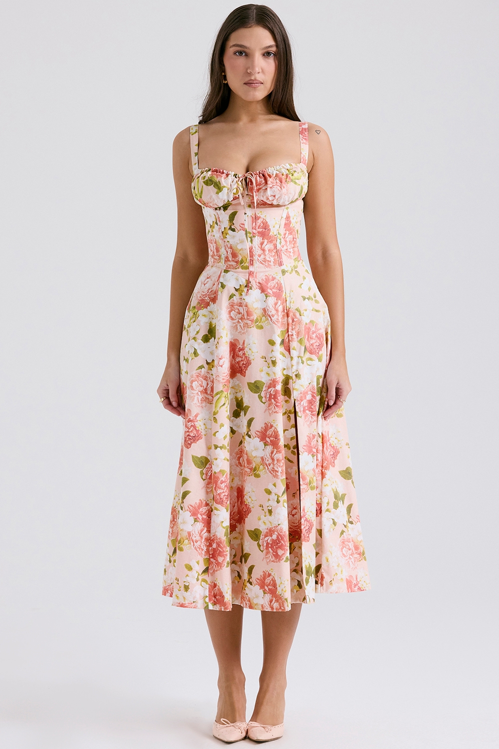 Carmen, Pink Peony Print Cotton Bustier Sundress