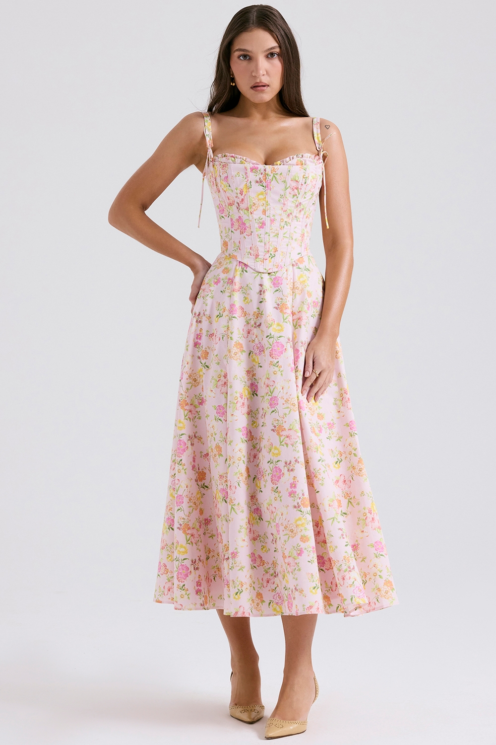 Clarabelle, Pink Meadow Print Cotton Midi Sundress