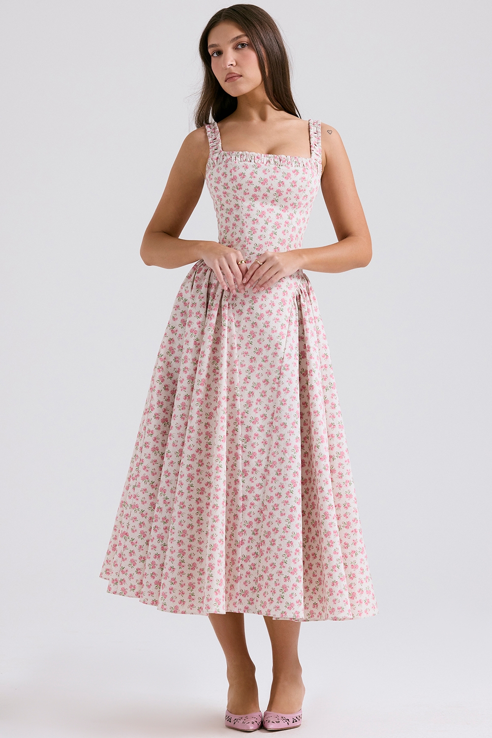 Dorothy, White Rosebud Print Cotton Midi Sundress