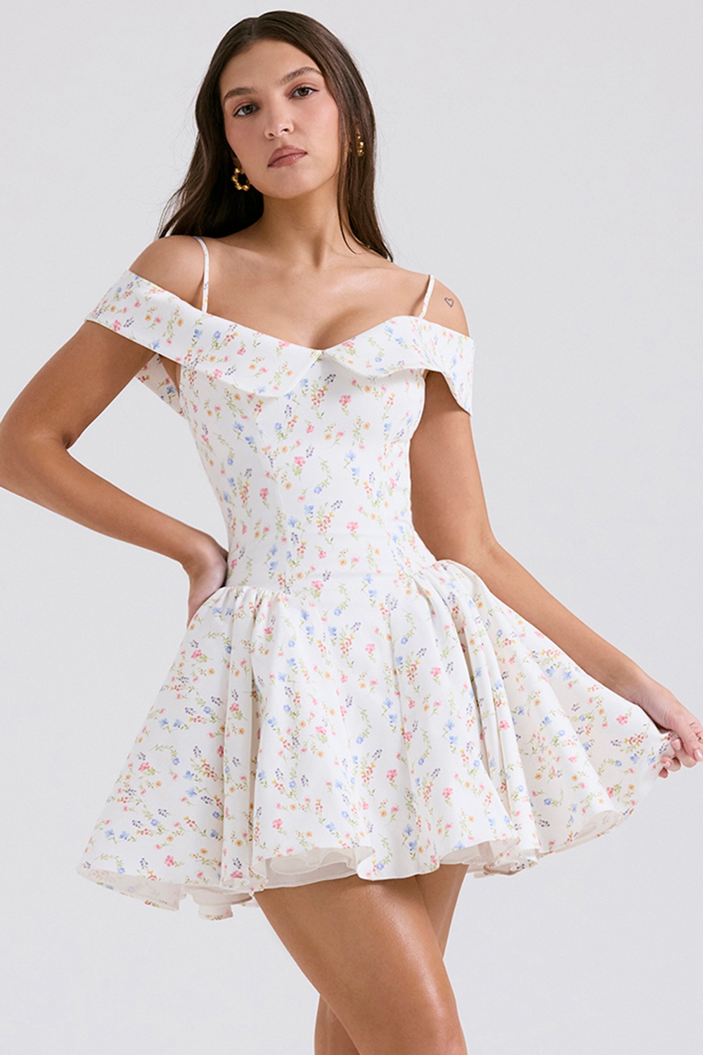 Elida, White Posy Print Corset Mini Dress