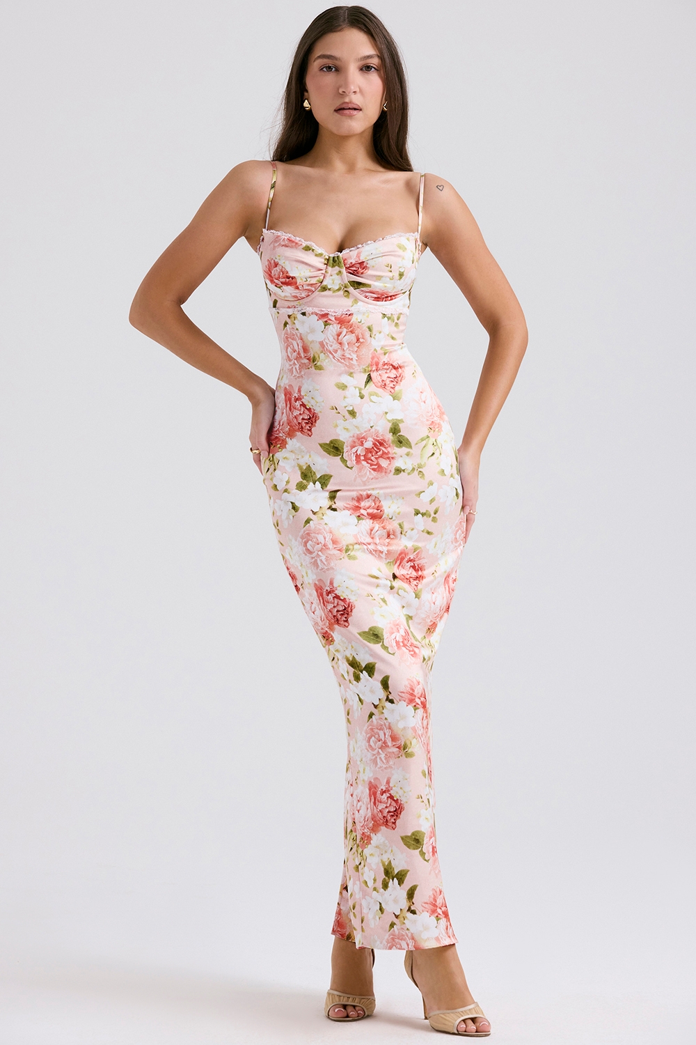 Josefina, Pink Peony Print Satin Maxi Dress