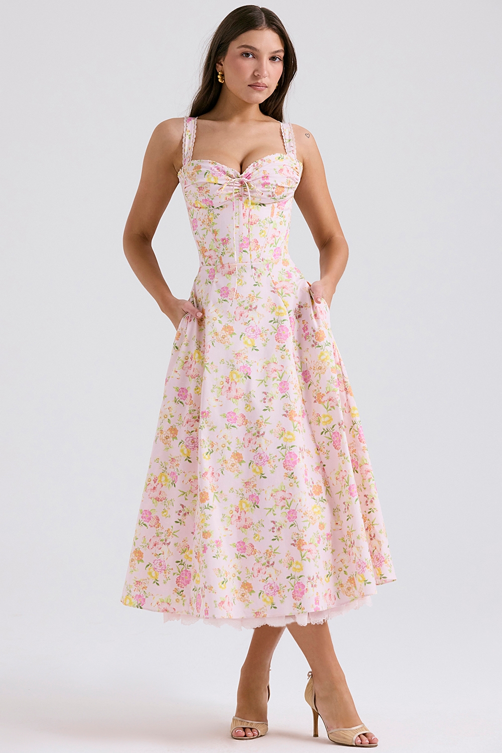 Rosalee, Pink Meadow Print Cotton Bustier Sundress