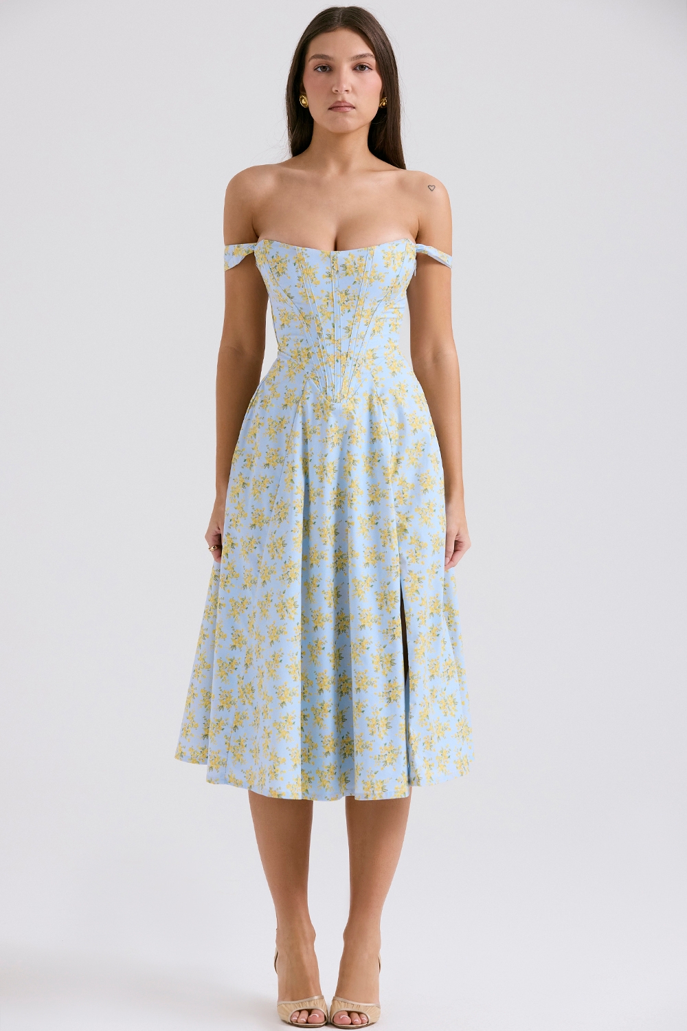 Saira, Soft Blue Vintage Floral Print Cotton Midi Sundress