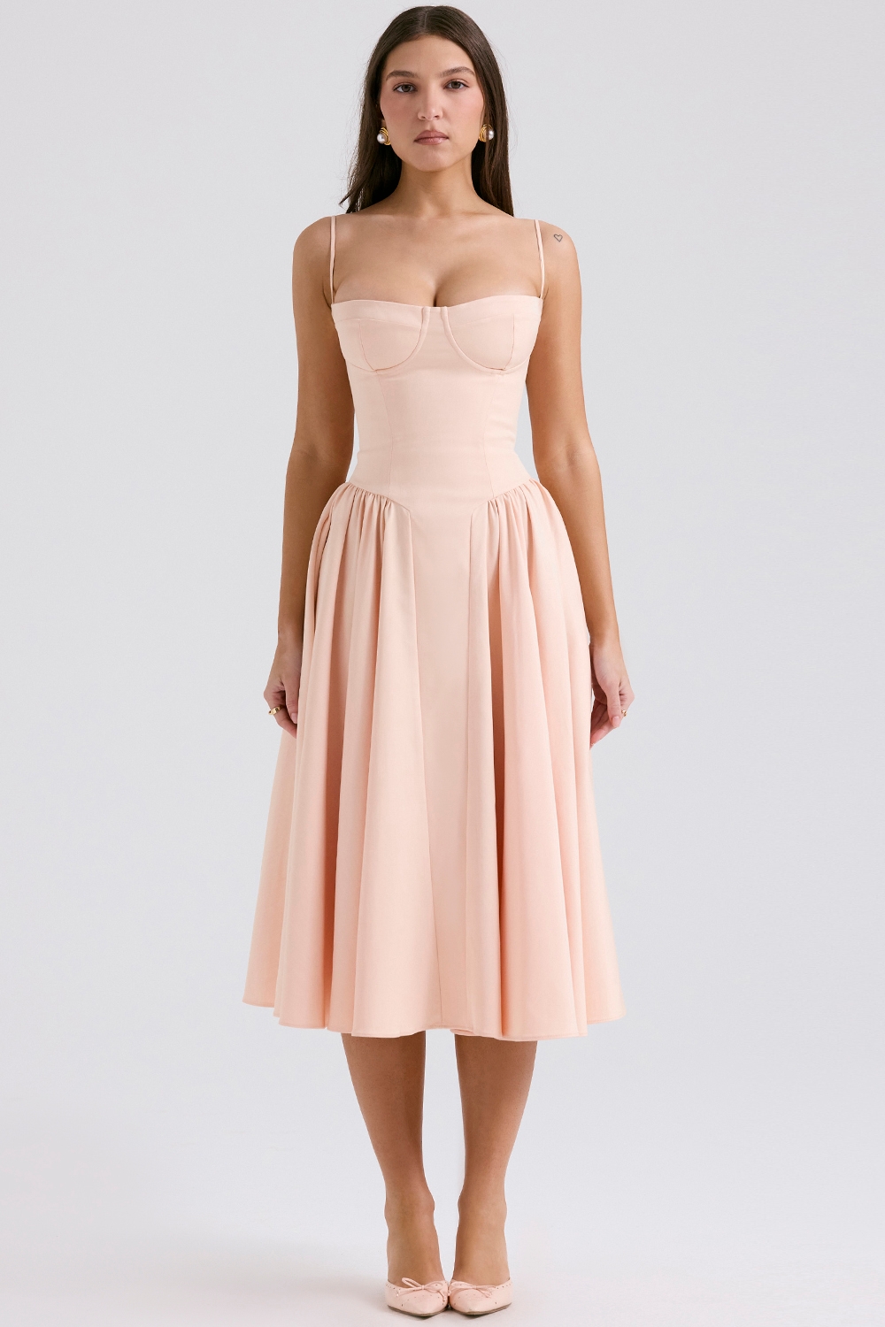 Samaria, Peach Parfait Twill Corset Midi Dress