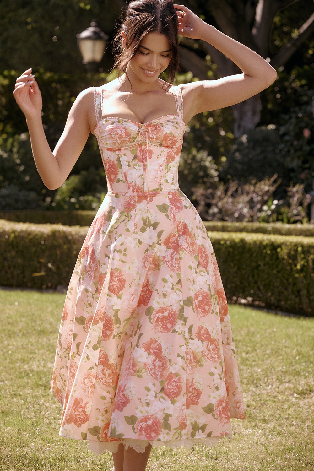 Rosalee, Pink Peony Print Cotton Bustier Sundress