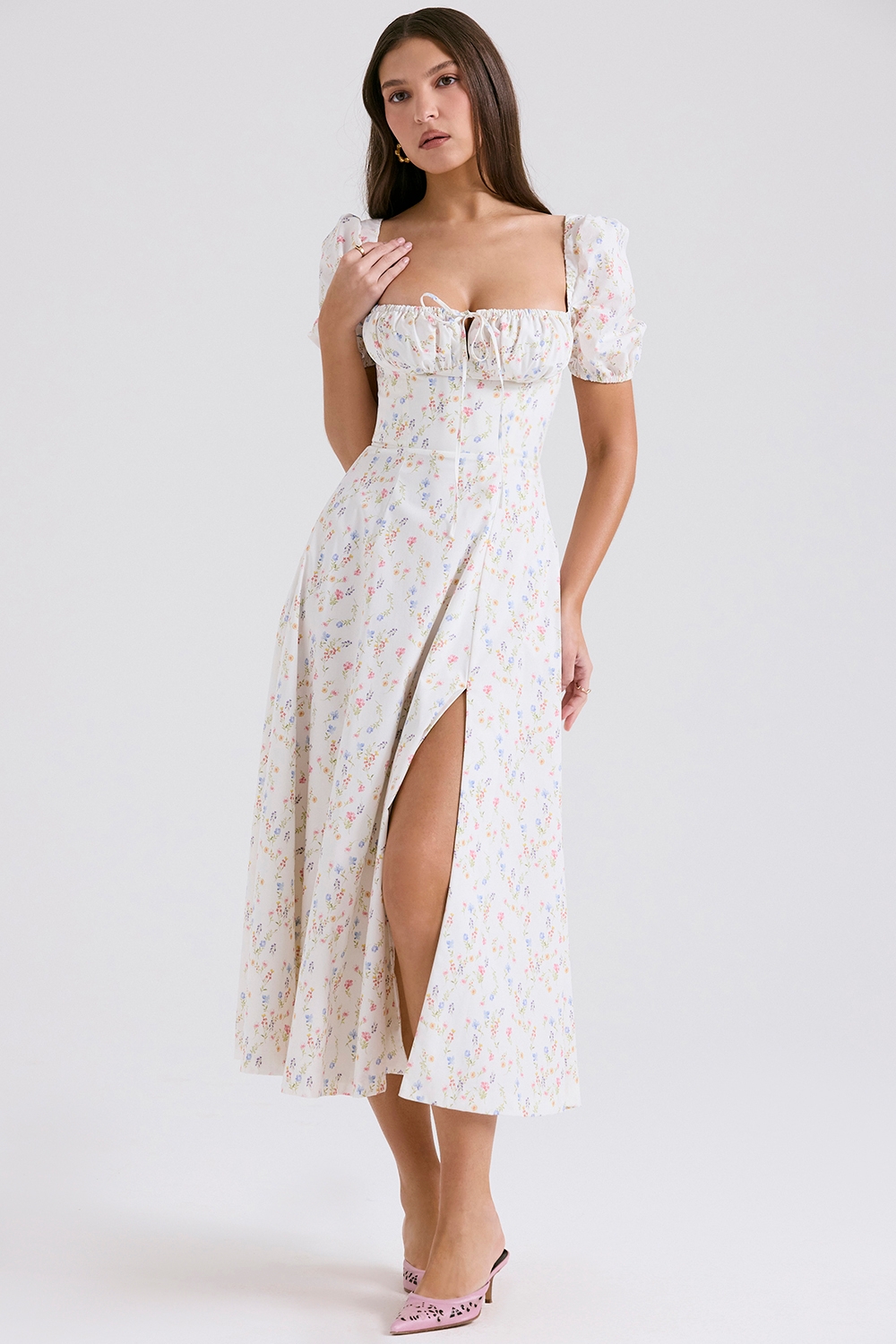 Tallulah, White Posy Print Cotton Puff Sleeve Midi Sundress