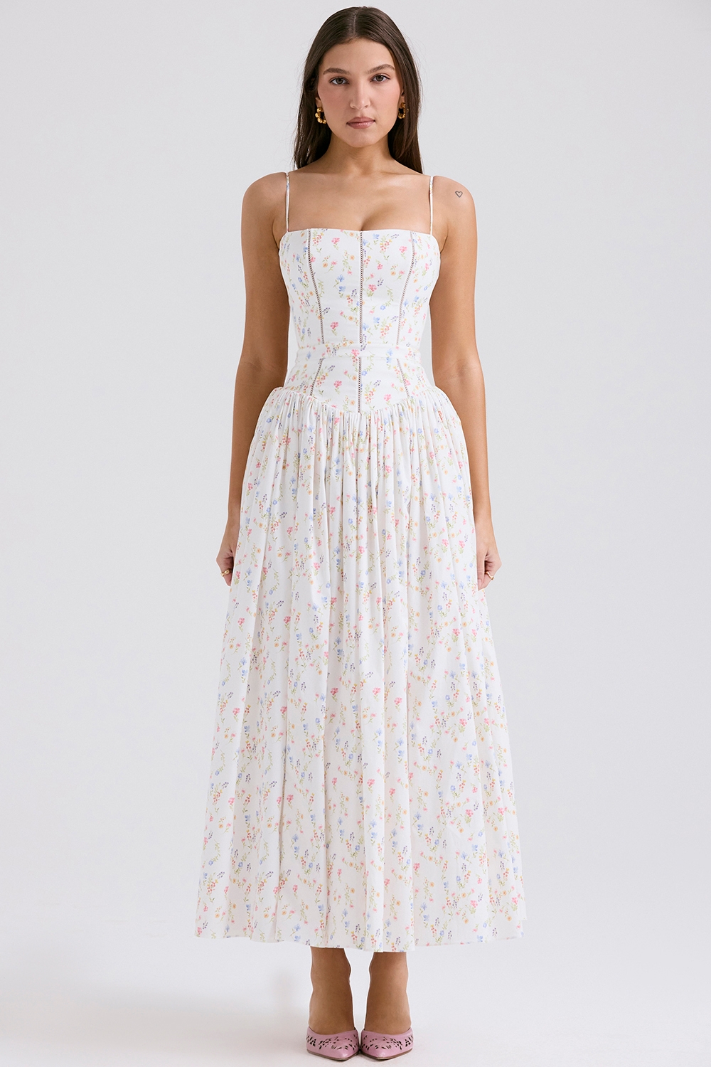 Ysabella, White Posy Print Cotton Maxi Sundress