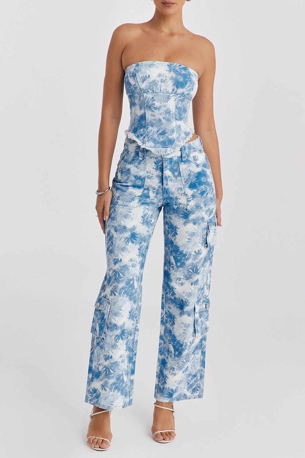 ,Mistress Rocks Blue Floral Print Cargo Jeans