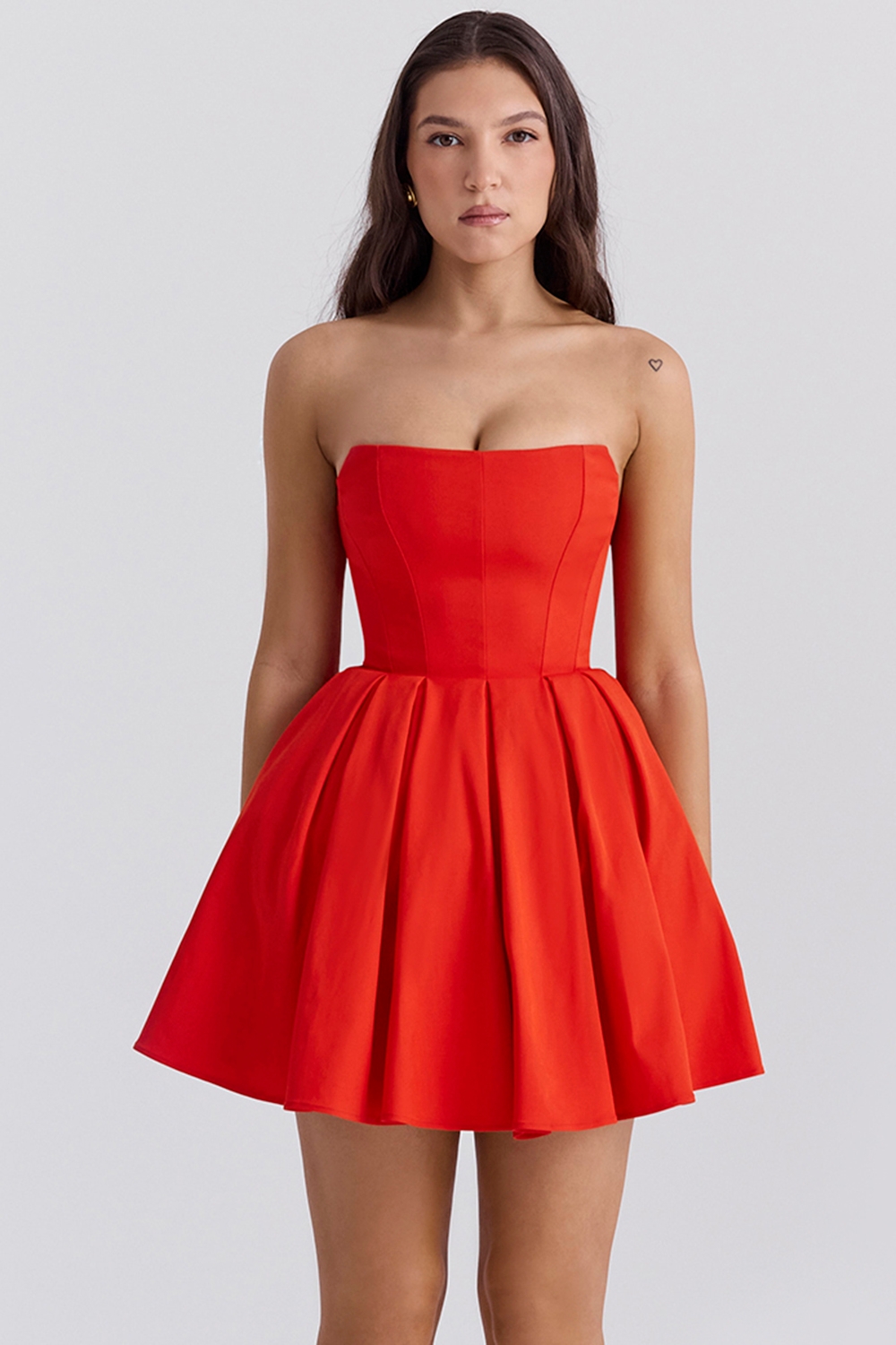 Emmanuela, Italian Tomato Strapless Pleated Mini Dress