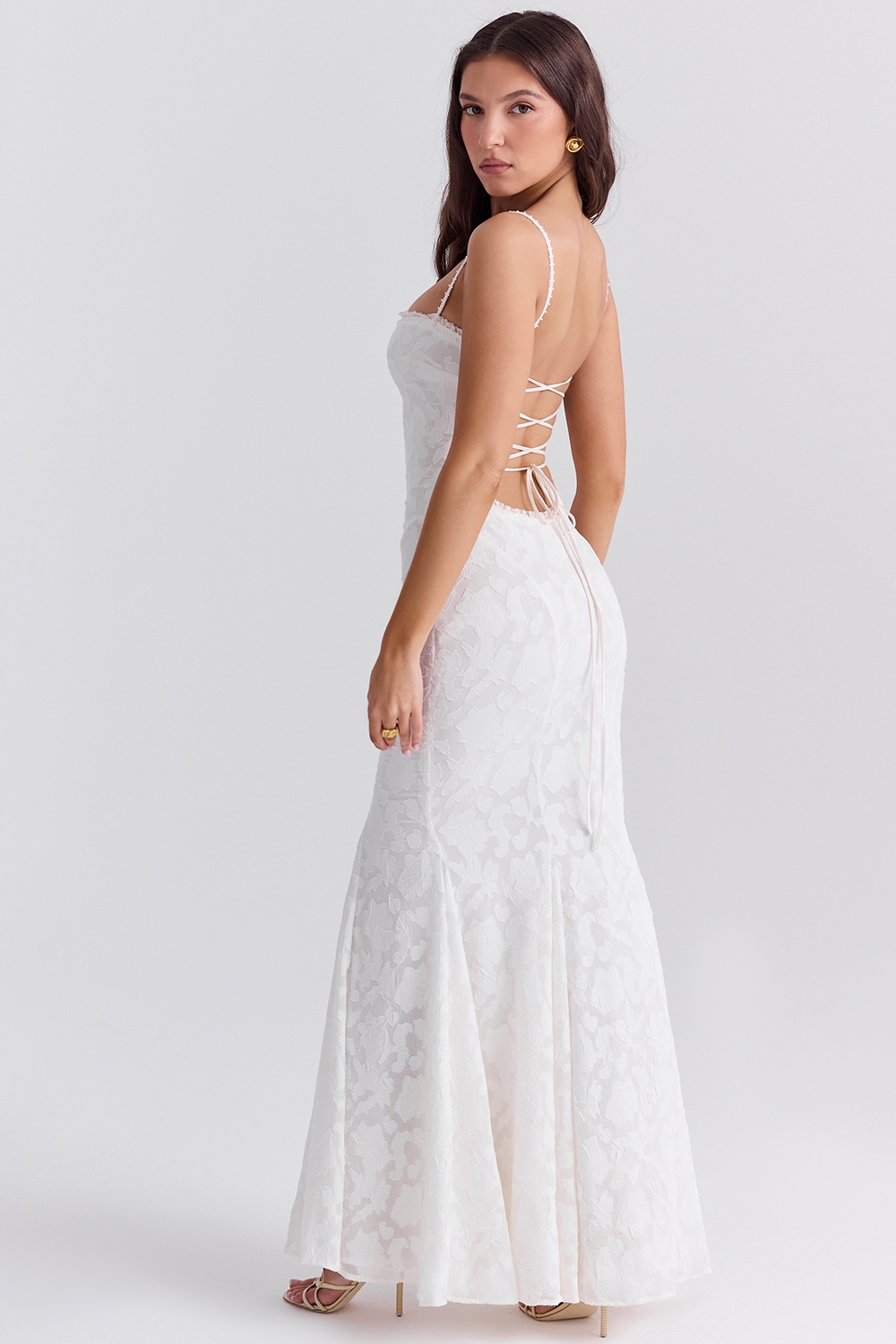 Joan, Ivory Lace Up Back Maxi Dress