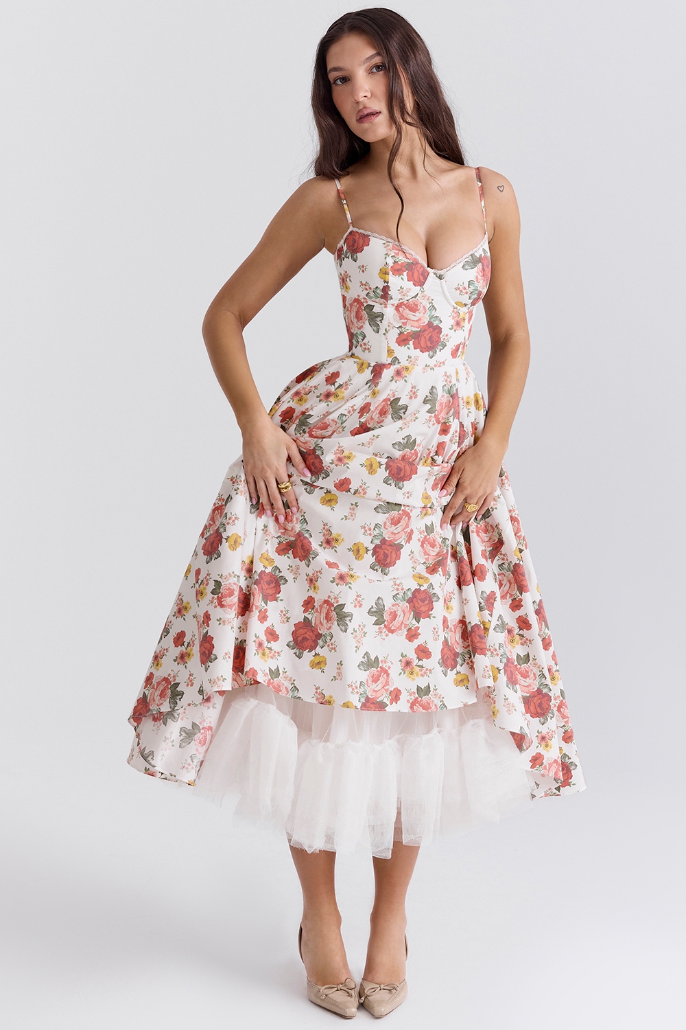 Mademoiselle, Italian Rose Print Tulle Midi Dress