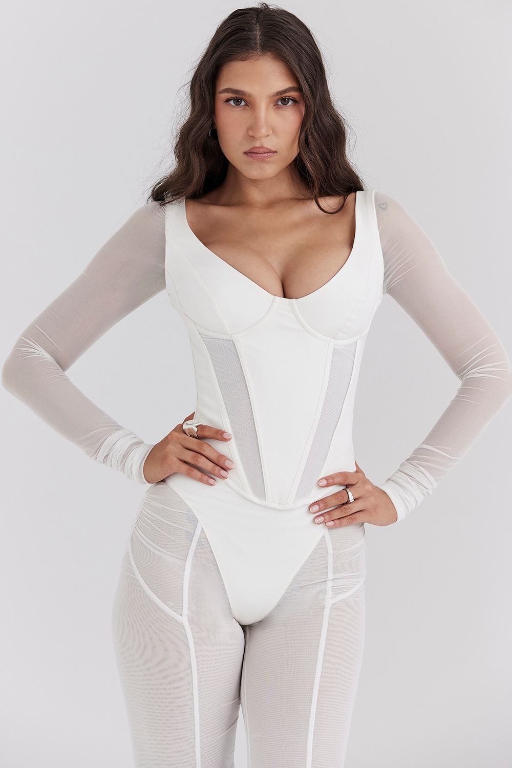 Araminta, White Long Sleeve Mesh Corset