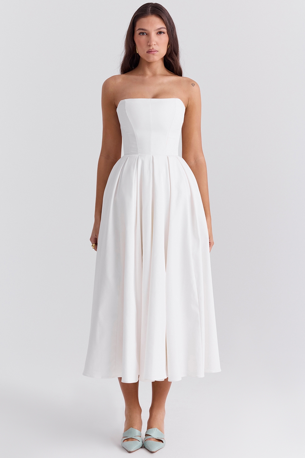 Audrey, White Strapless Midi Sundress