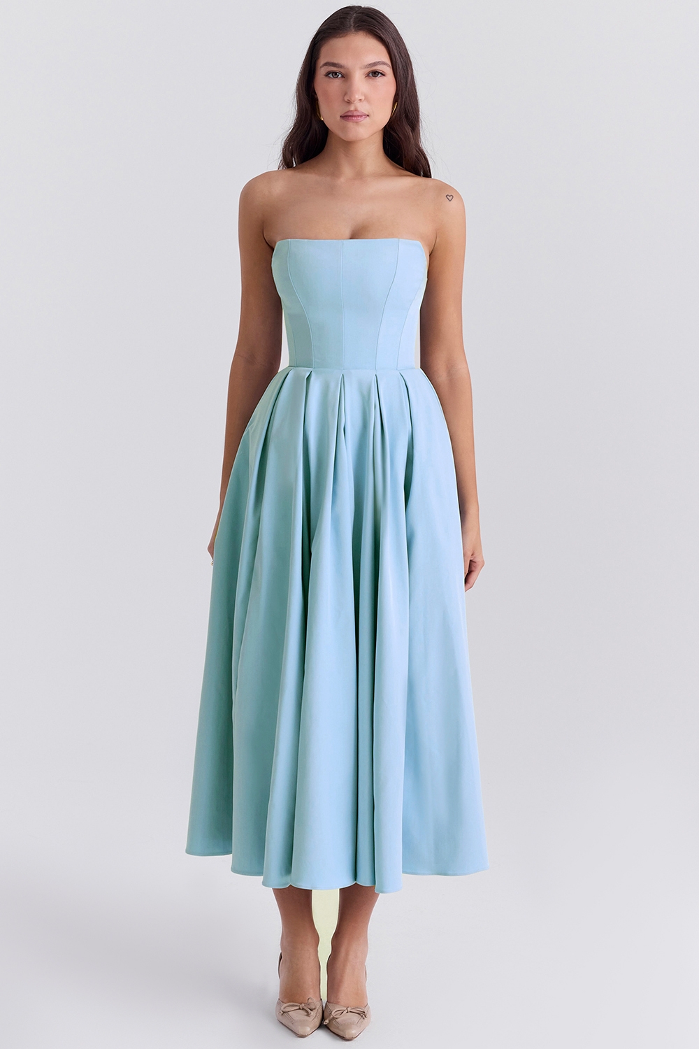 Audrey, Tuscan Blue Strapless Midi Sundress