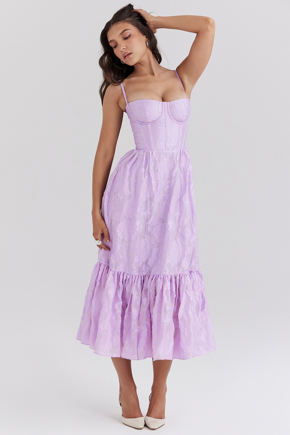 Mira, Orchid Floral Jacquard Tiered Midi Dress