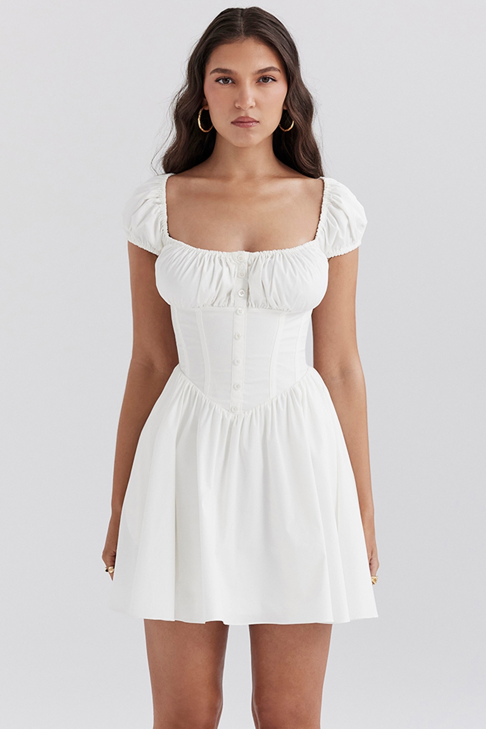 Nala, White Cotton Gathered Mini Dress