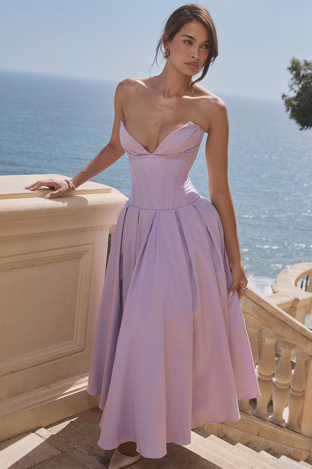 Lady, Orchid Twill Strapless Tulle Midi Dress