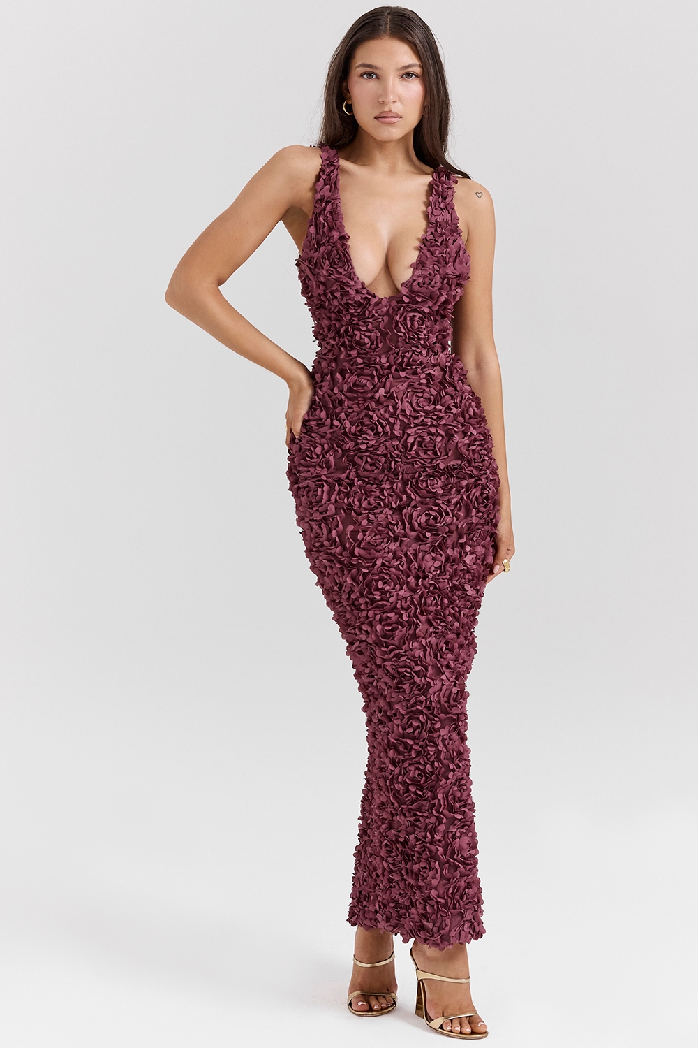 Carena, Merlot Plunge Floral Appliqué Maxi Dress