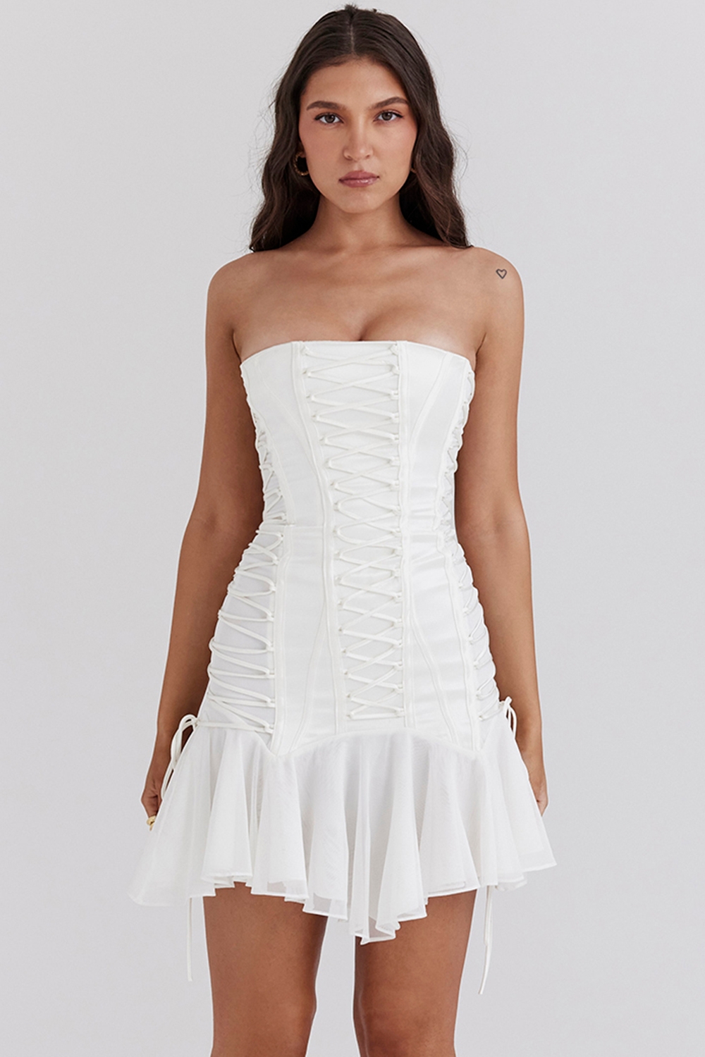 Sirena, White Strapless Lace Up Mini Dress
