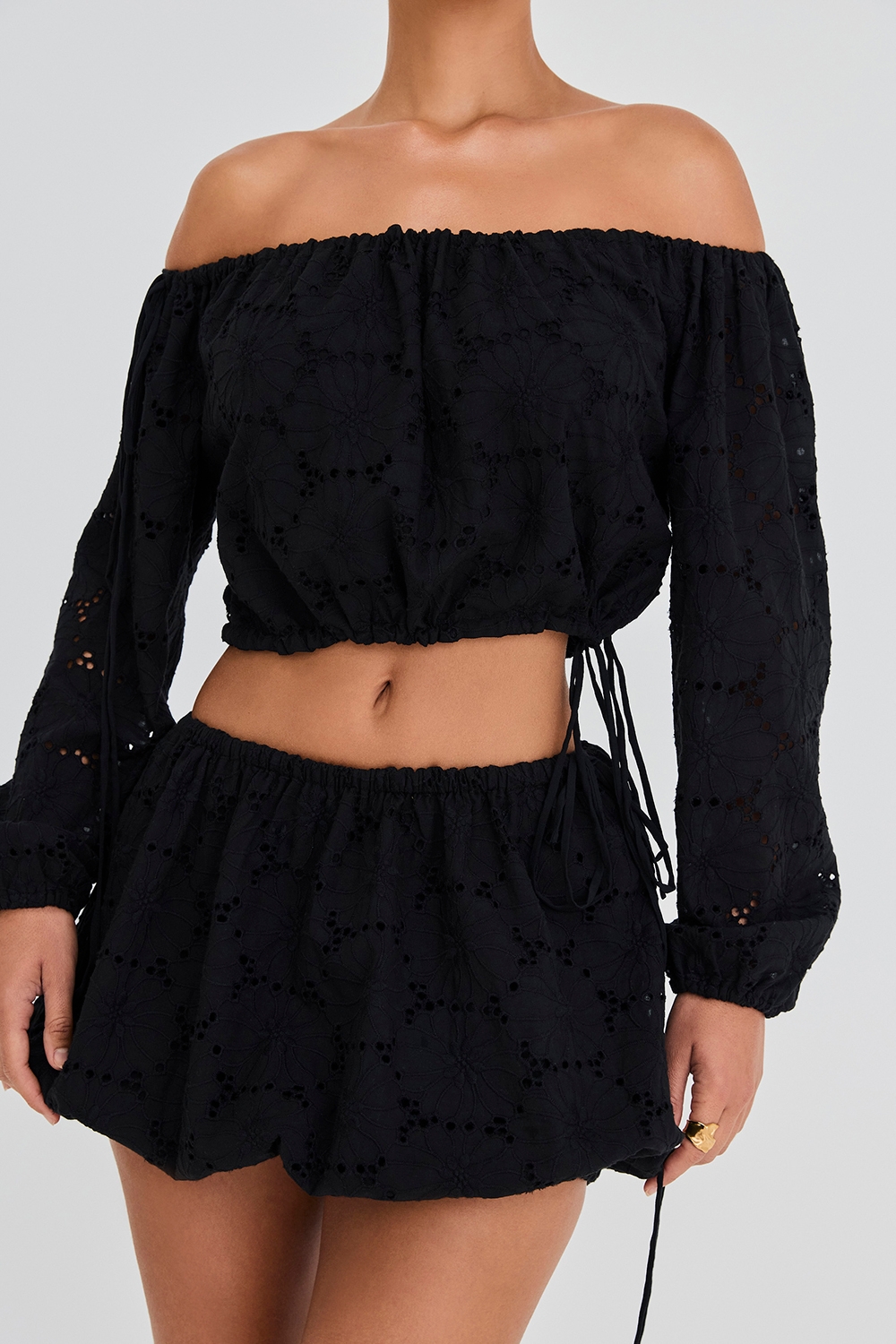 ,Mistress Rocks Black Broderie Cotton Off Shoulder Top