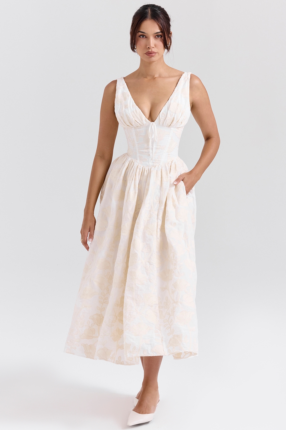 Emmelina, Vintage Ivory Floral Embroidered Corset Sundress